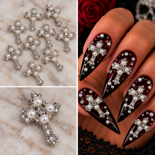 Queen - Nail Charms 10pc - #387 Silver Pearl Crosses