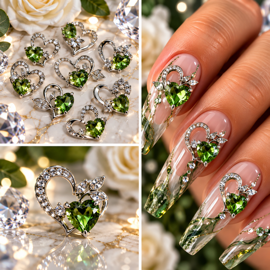 Queen - Nail Charms 10pc - #099 Silver "Love" Green Crystal Hearts