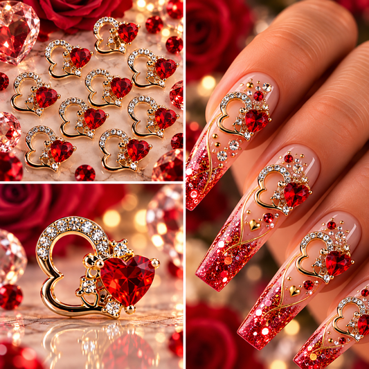 Queen - Nail Charms 10pc - #085 Gold "Love" Red Crystal Hearts