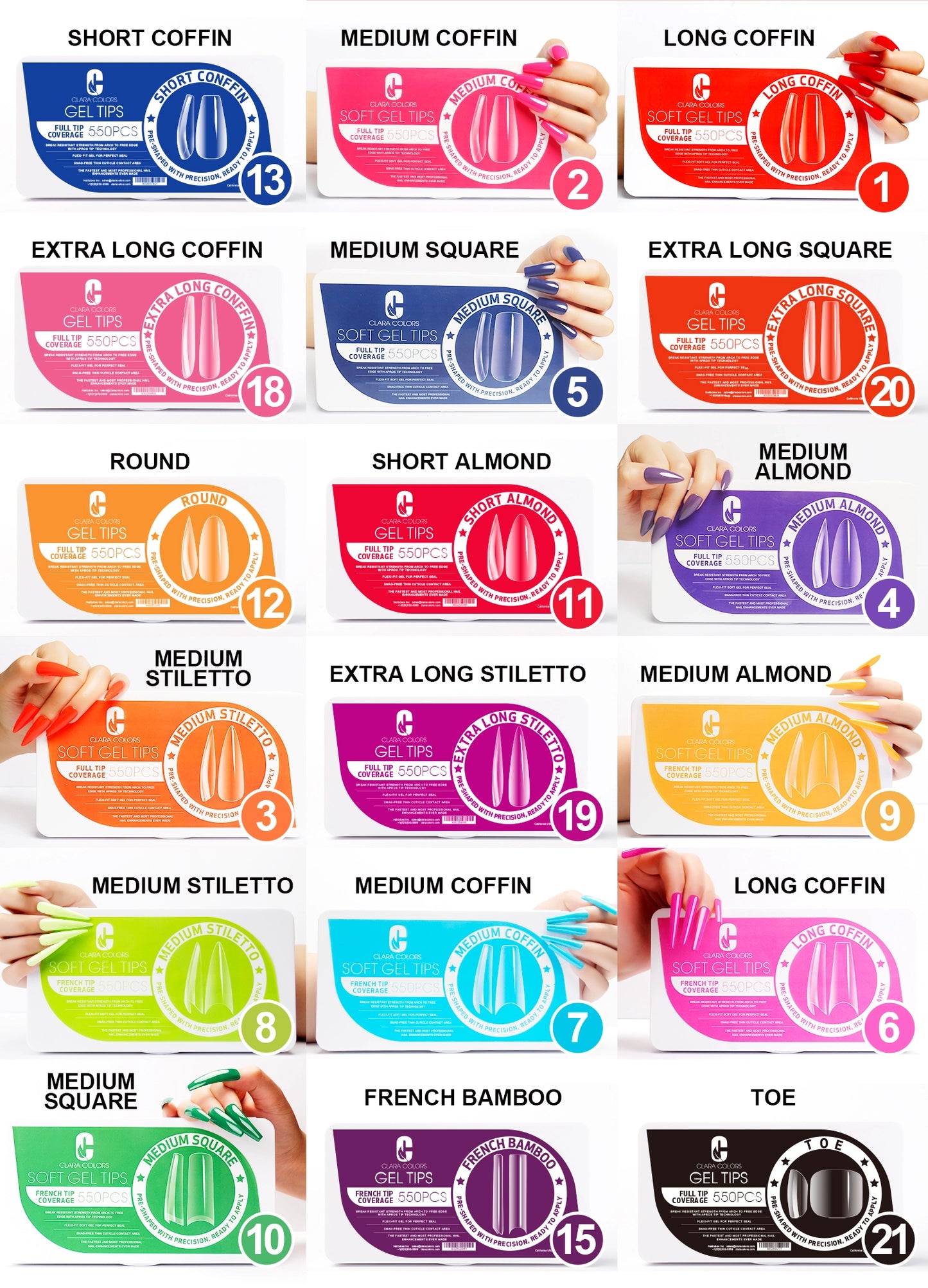 Clara Color - Full Cover Gel Tips - #18 Extra Long Coffin 550pcs